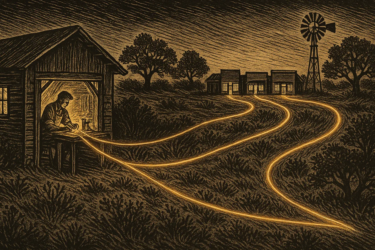 A vintage engraving of a small workshop weaving glowing threads that connect storefronts across the South Texas brush country.